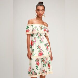 NWOT Lulu’s Aviara Cream Floral Print Off-the-Shoulder Tiered Midi Dress